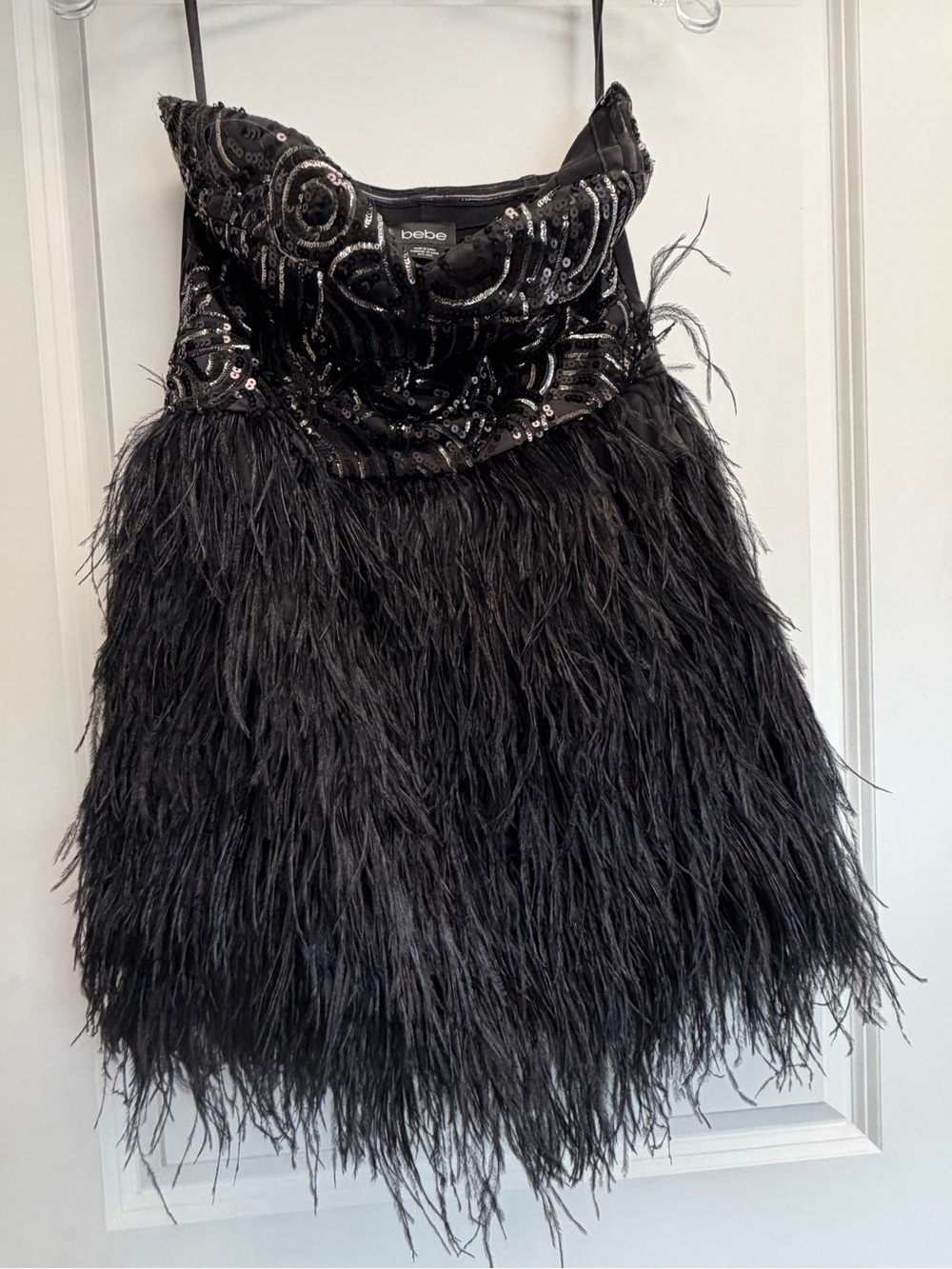 bebe Black Sequin & Feather Strapless Dress